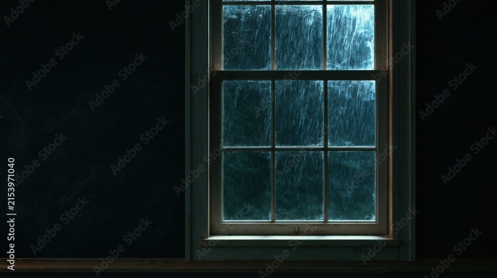 Fototapeta premium Chalk art blackboard and a window displaying chalk rain lines create a rustic mood on a dark evening in a cozy space.