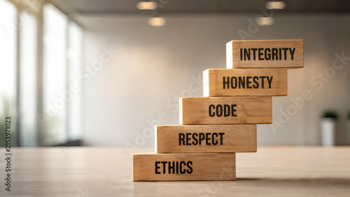 Steps to Success: Wooden blocks ascend in a stair-like formation, each inscribed with a core value: Ethics, Respect, Code, Honesty, and Integrity.