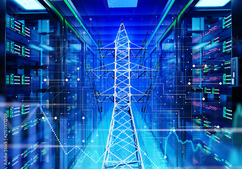 Energy infrastructure. High-voltage power transmission tower inside digital data center environment with smart grid monitoring and network analytics visualization.