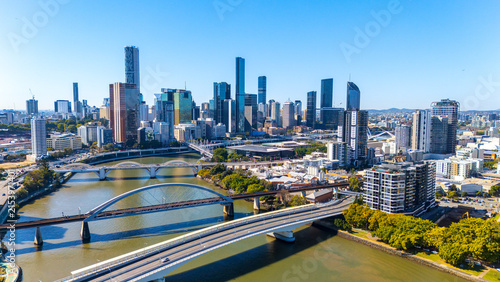 Brisbane City Skyline and Brisbane River Viewed from Above on a Sunny Day in Queensland Australia