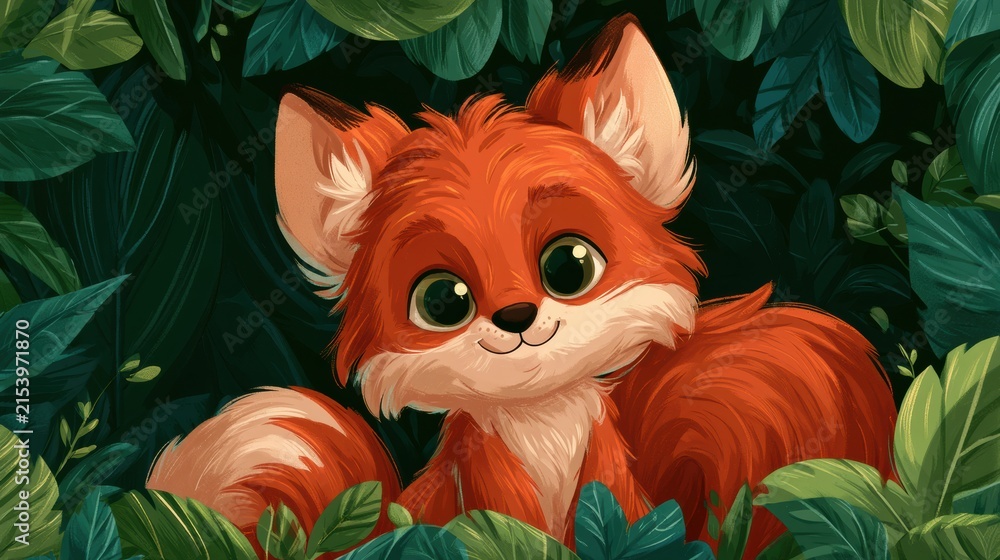 Naklejka premium A bouncy fox with russet fur explores lush leaves on a sunny day. The playful creature looks cheerful and curious in the greenery.