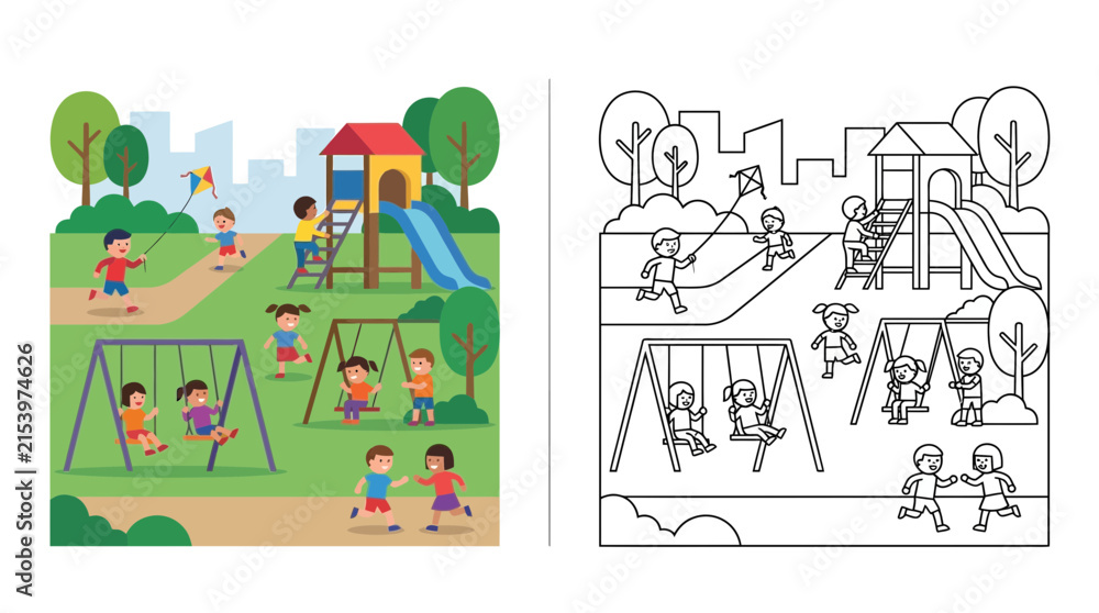 Fototapeta premium Children Playing on Playground Equipment, Swings and Slide, Summer Fun