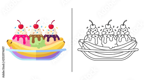 Fotografie Banana Split Ice Cream Dessert - Color and Outline