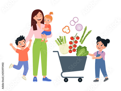 Happy Mother and Children with Shopping Cart Full of Fresh Vegetables Vector Illustration