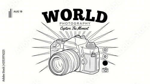 World photography day line art camera emblem with photography creative photographer equipment journalism