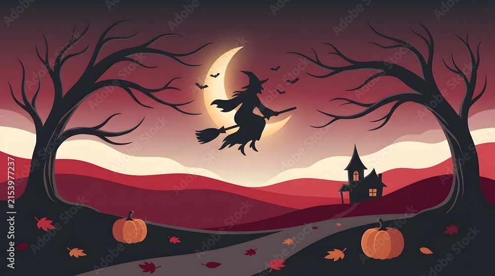 Fototapeta premium A spooky halloween witch flying night scene backround featuring a crescent moon dark trees pumpkins and a haunted house silhouette