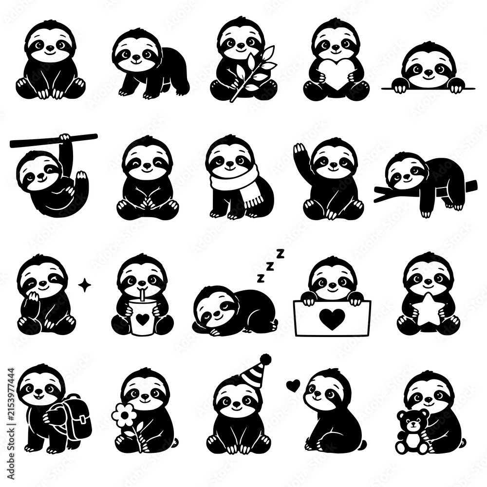 Naklejka premium Cute Sloth Collection Vector Art for Nursery Decor and Sticker Designs 