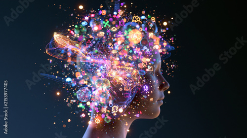 Digital Human Head Surrounded by Vibrant Symbols and Light