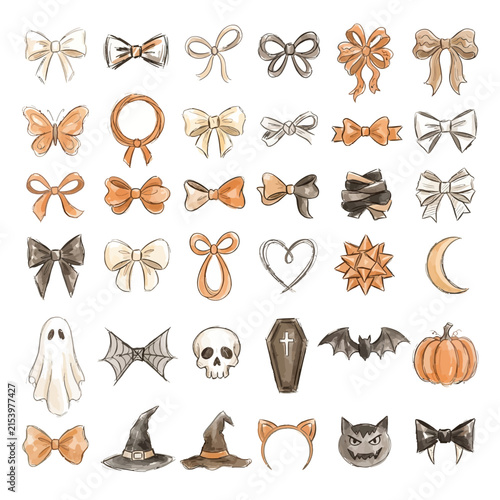 Vintage watercolor Halloween icon set. Spooky autumn accessories collection. Hand painted bows, ghosts, skulls, and spooky treasures for creative design. isolated on White Background Vector SVG