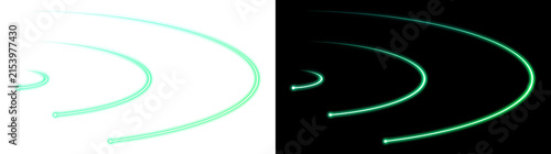 Vivid green neon light trails sweeping in curved loops on transparent background, isolated glowing streak cutout