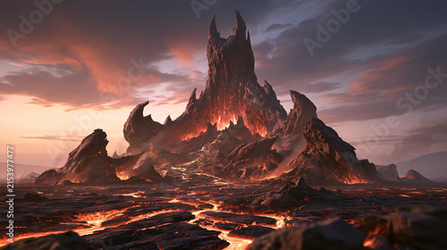 Volcanic Fortress Surrounded by Glowing Lava Under Stormy Sky