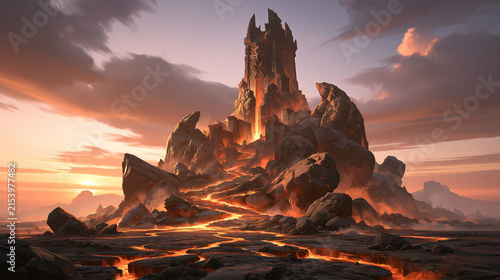 Jagged Black Castle Tower in a Fiery Wasteland at Sunset