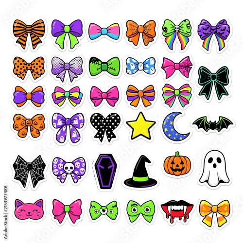 Halloween Ribbon Collection. Cute spooky bows with pumpkins, ghosts and witches. Fun party decorations for holidays and crafts isolated on White Background Vector SVG
