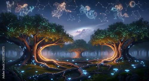Magical Forest with Glowing Trees and Zodiac Constellations