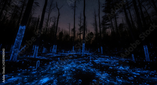 Enchanting Forest Floor Illuminated by Bioluminescent Fungi Under Starlit Sky