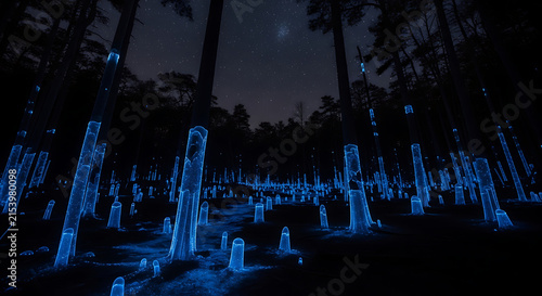 Magical Forest Night with Blue Glowing Trees Under Starry Sky