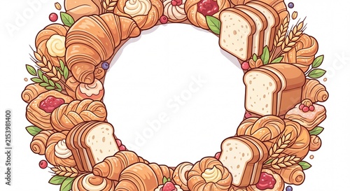 Assorted fresh bakery products including croissants sliced bread and pastries arranged in circular wreath frame illustration on clean white background with central copy space
