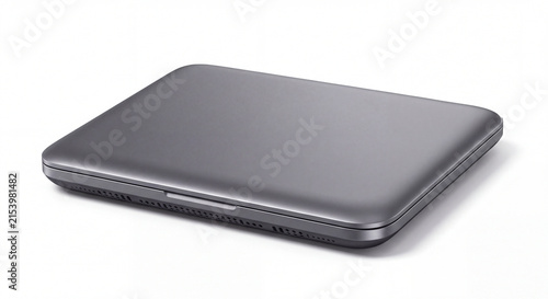 Sleek metallic laptop illustration, closed grey notebook computer on white background, modern portable workstation for business and education