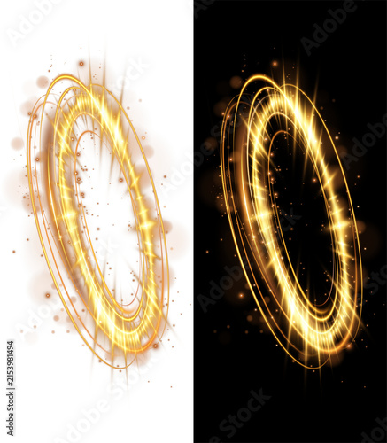 Golden magic portal glowing ring circle sparkle light effect isolated on white and black background realistic