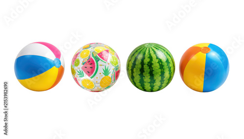 Inflatable beach balls set with classic striped, tropical fruit, and watermelon designs isolated on transparent background.