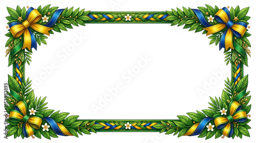 Decorative frame with green leaves, flowers, and blue and yellow ribbons for certificates or design