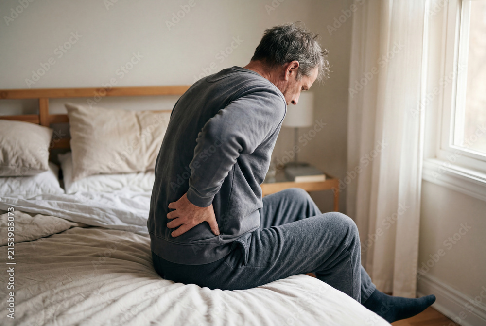 Fototapeta premium Mature man sitting on bed holding lower back while suffering from backache