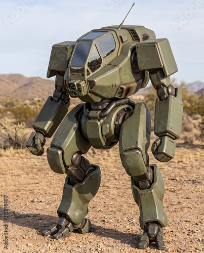 Piloted Military Mech Suit in Desert Landscape