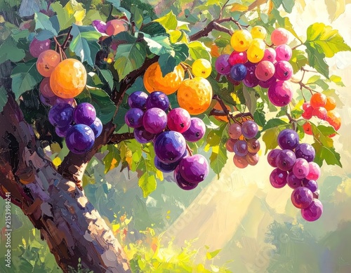 Colorful artistic illustration of grapes on a sunny branch.