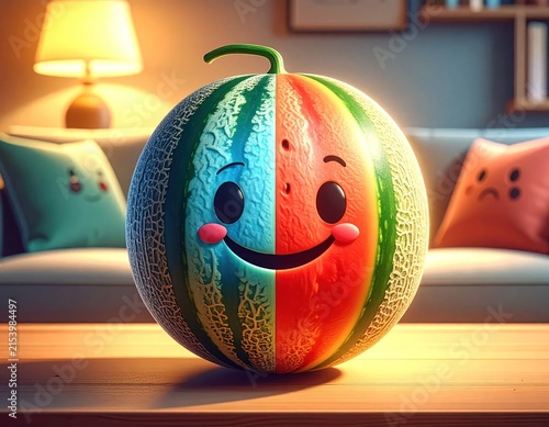 Cute smiling watermelon character on wooden table.