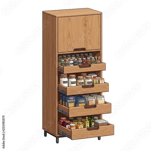 Wooden pantry cabinet with pull-out drawers filled with organized kitchen food supplies