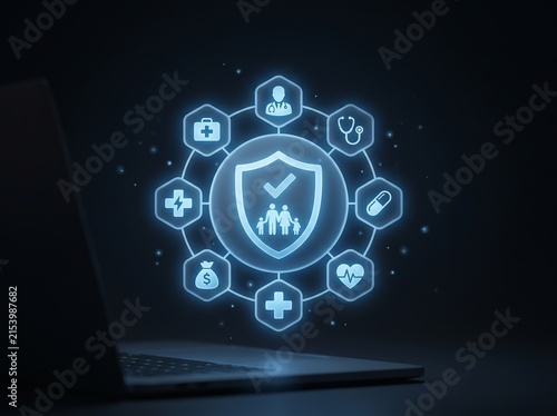 Digital health insurance concept with glowing medical icons. Family life insurance protection on laptop. Healthcare security technology.