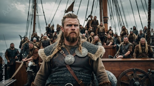 Viking warriors gathered on a ship deck ready for a voyage