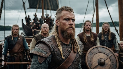 Group of Norse warriors in armor on a longship ready for battle