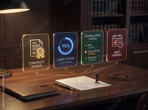 Legal technology interface with digital contract status, compliance check icons on office desk, futuristic law firm management