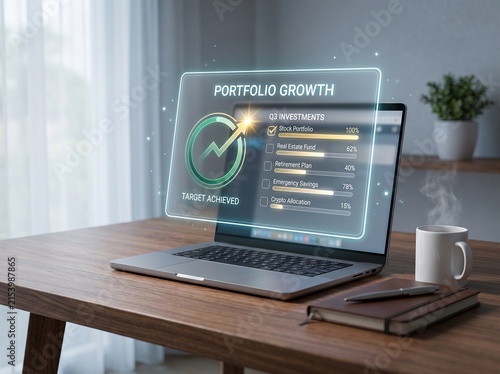 Portfolio growth digital interface on laptop screen, financial investment tracking dashboard, stock market data visualization