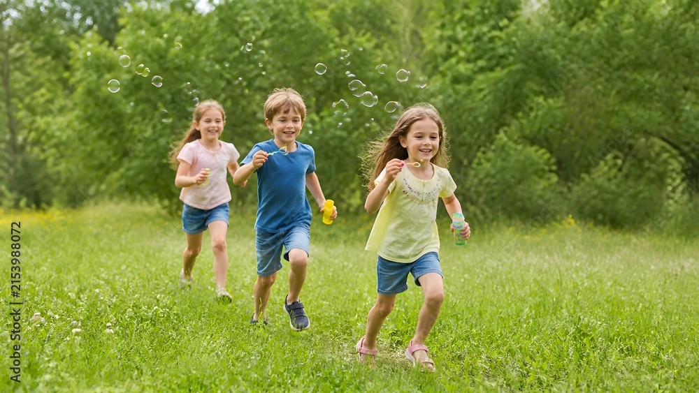 Fototapeta premium Group of happy children running on green lawn and blowing soap bubbles outdoors in summer park