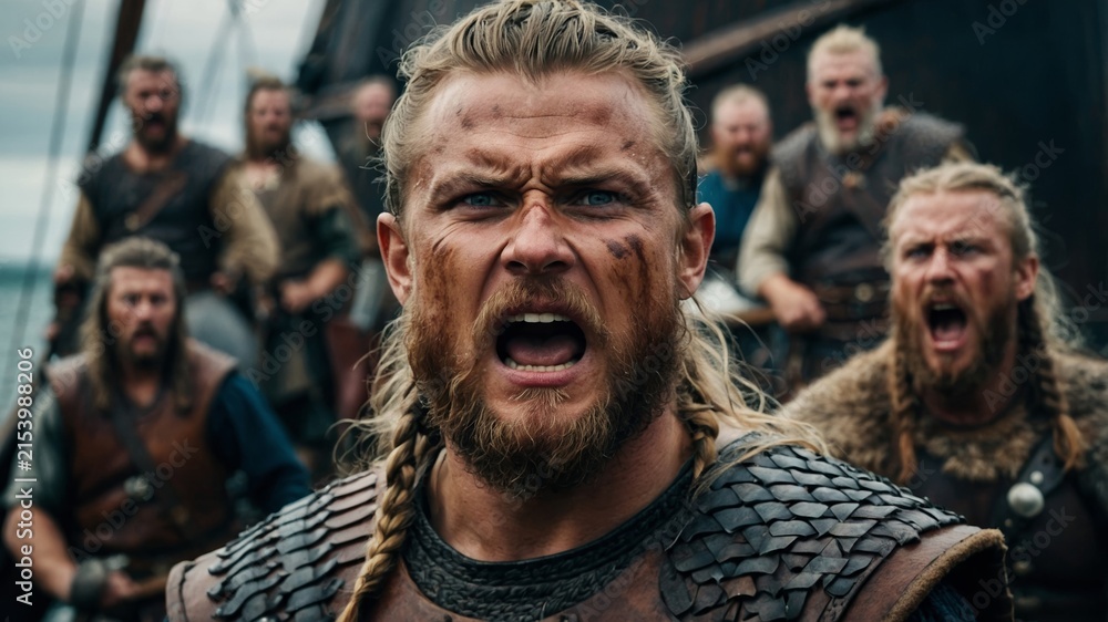 Fototapeta premium Fierce Viking warriors on a ship, ready for battle with war cries