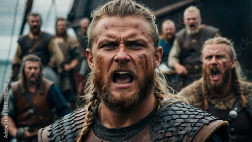 Fierce Viking warriors on a ship, ready for battle with war cries