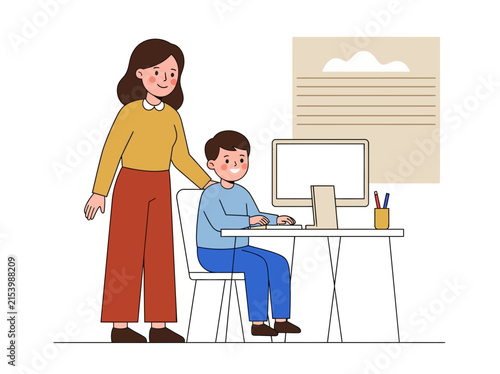 Student and Teacher Using Computer Vector Illustration