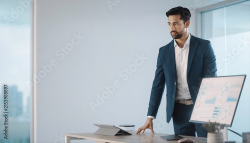 Business professional analyzing digital data and artificial intelligence technology on a computer in a modern corporate workspace.