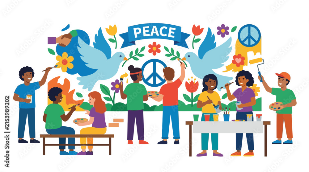 Obraz premium Diverse kids painting peace mural with doves, flowers, and symbols of unity
