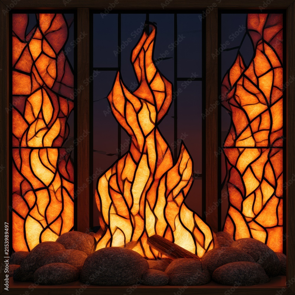 Fototapeta premium Colorful glass panels show a bonfire with orange and yellow hues, creating a warm atmosphere in a night scene