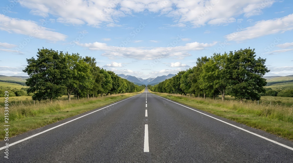 Naklejka premium Empty rural road with trees and mountains in the background