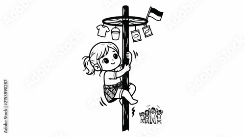 A cheerful cartoon girl with pigtails climbs a greased pole adorned with prizes and a flag, while onlookers cheer below.