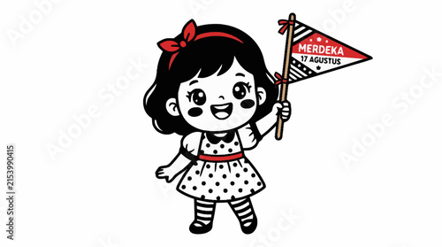 A cute cartoon girl with a red bow in her hair holds a flag that says 