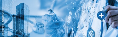 Collage of medical science DNA, vaccine, stethoscope, and city skyline