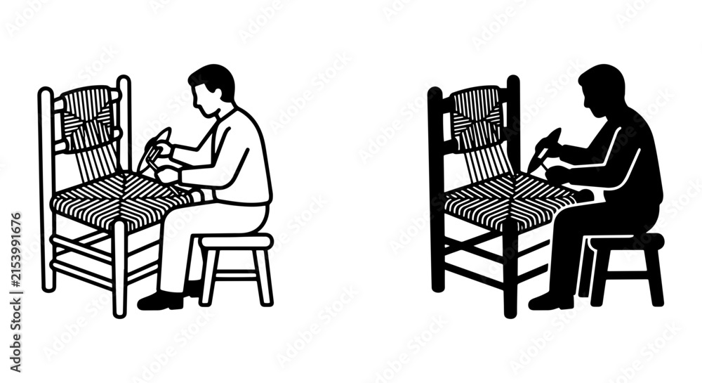 Fototapeta premium Craftsman Weaving Chair Seat, Artisan Repairing Furniture, Traditional Woodworking Skill, DIY Home Decor