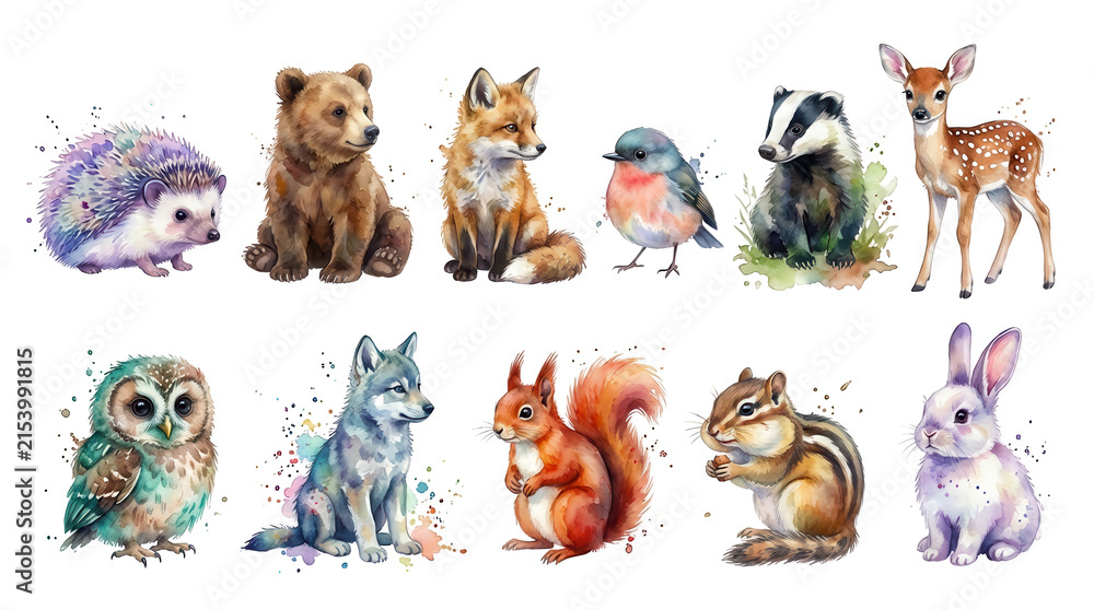 Fototapeta premium Watercolor illustration set of ten cute woodland animals including bear fox deer owl rabbit hedgehog badger squirrel chipmunk and wolf in artistic style forest collection