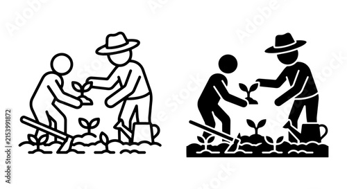 Gardening Icons: Farmers Planting Seedlings, Agriculture, Organic Farming, Growth, Cultivation