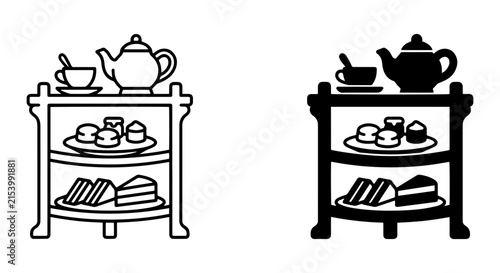 Afternoon Tea Service Icons, Elegant Tea Set Stand with Pastries, Coffee Break Vector Graphics